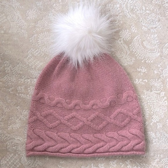 NWOT White Pine 100% Cashmere Mauve Pink Knit Beanie Hat w/ Faux Fur White Pom main image 8